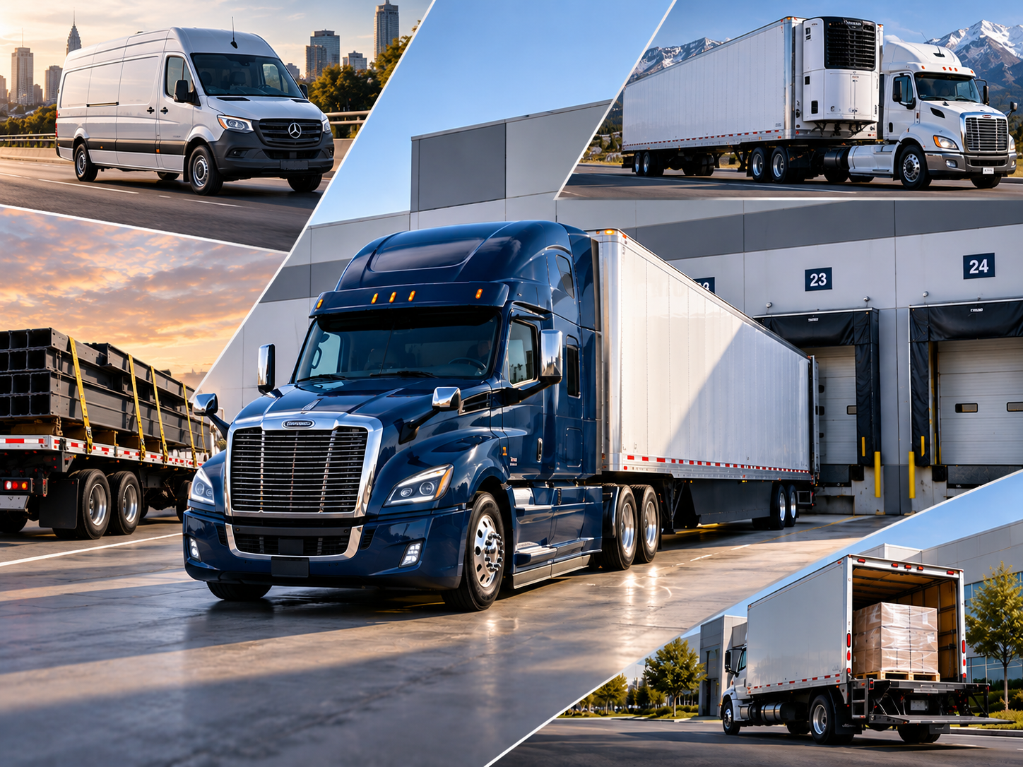 Freight equipment collage with a navy dry van tractor-trailer at a loading dock, a refrigerated trailer, a loaded flatbed, a box truck and a high-roof cargo van.