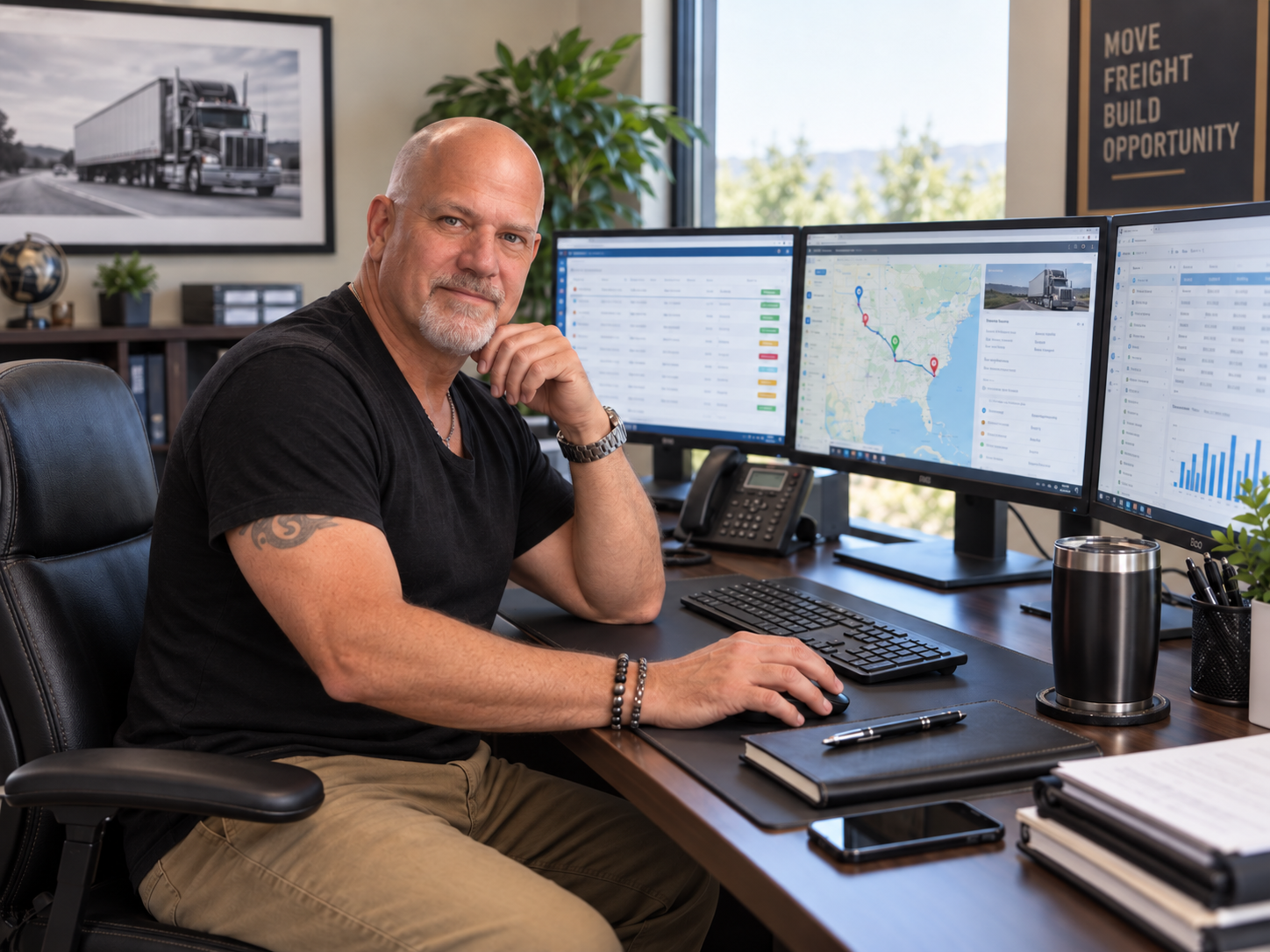 Jay Rock, freight broker with UCW Logistics, seated at his desk.